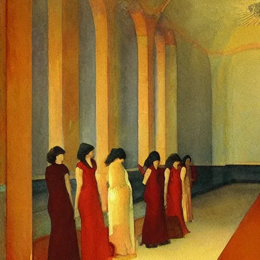 Image similar to procession of red and gold women in a soviet abandoned temple, dripping watercolor by hammershøi, highly detailed, art nouveau wallpaper, lights by edward hopper, liminal, eerie, pastel colors, limited palette