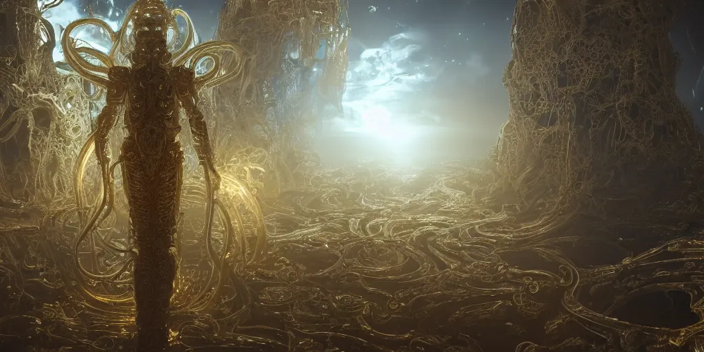 Prompt: a photo of 8k ultra realistic corrupted lovecraftian golden humanoid queen standing next to a spaceship window overlooking earth, 8 intricate white and gold glowing tentacles, ornate white and gold armour, cinematic lighting, trending on artstation, 4k, hyperrealistic, focused, extreme details, unreal engine 5, cinematic, masterpiece