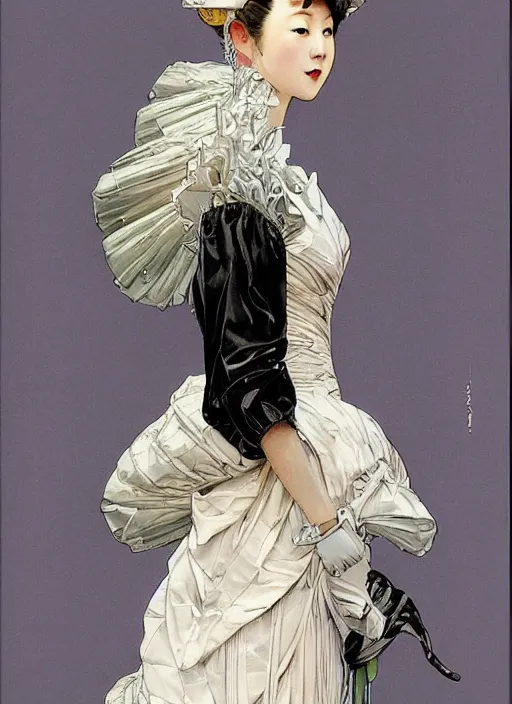 Image similar to a copic maker art nouveau portrait of a japanese girl detailed features wearing a futuristic weeding puffy dress designed by balenciaga by john berkey, norman rockwell akihiko yoshida