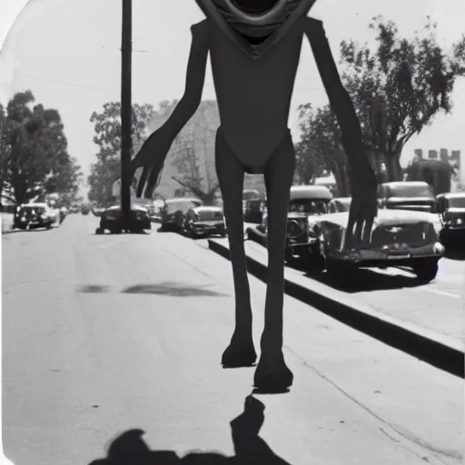 Prompt: classified 1950s polaroid photo of a 12 feet tall alien walking down the street in los angeles