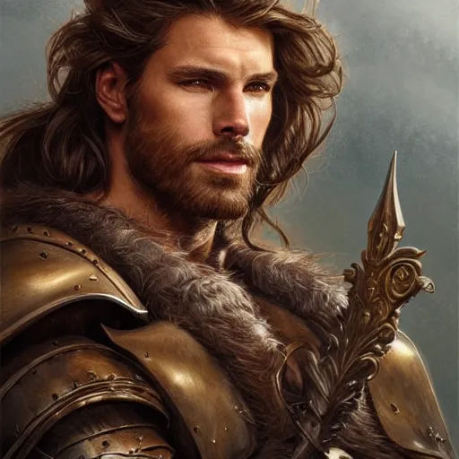 Prompt: portrait of a ruggedly handsome paladin, soft hair, muscular, half body, leather, hairy, d & d, fantasy, intricate, elegant, highly detailed, digital painting, artstation, concept art, smooth, sharp focus, illustration, art by artgerm and greg rutkowski and alphonse mucha