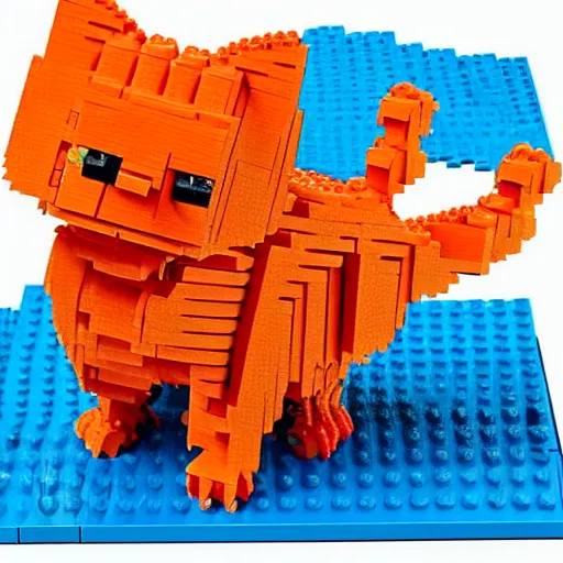 Prompt: smiling orange scratch cat walking, 10,000 piece LEGO sculpture by master builder