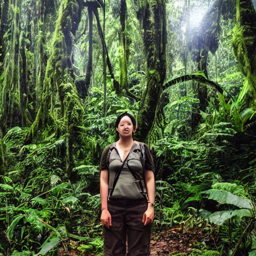 Image similar to a human researcher standing in the rainforest, post - apocalypse, cinematic