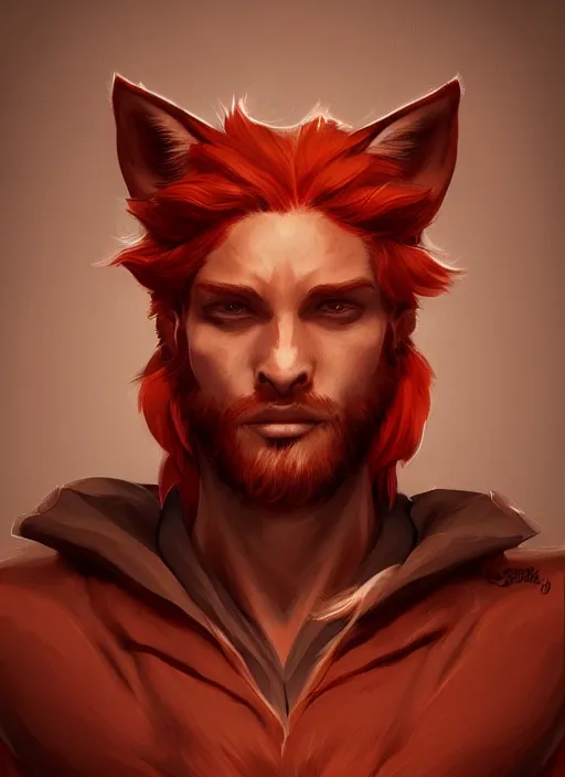 Prompt: a highly detailed illustration of attractive young red haired man with red animal ears wearing brown suit, dramatic pose, intricate, elegant, highly detailed, centered, digital painting, artstation, concept art, smooth, sharp focus, league of legends concept art, wlop