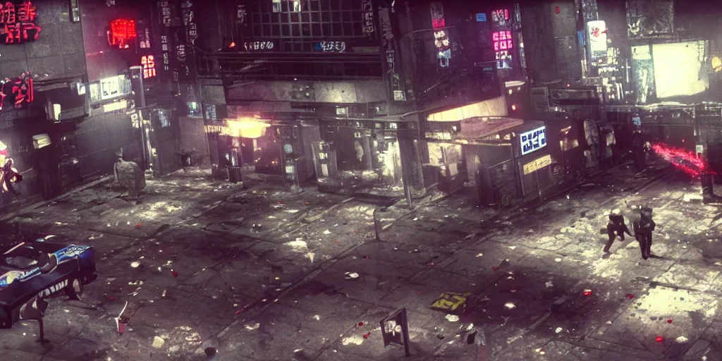 Prompt: 1991 Video Game Screenshot, Anime Neo-tokyo Cyborg bank robbers vs police, Set in Bank Vault Room, bags of money, Multiplayer set-piece, Police officers hit by bullets, Bullet Holes and Blood Splatter, Hostages, Smoke Grenades, Large Caliber Sniper Fire, Chaos, Cyberpunk, Money, Anime Bullet VFX, Machine Gun Fire, Violent Gun Action, Shootout, Highly Detailed, 8k :4 by Katsuhiro Otomo + Studio Gainax : 8
