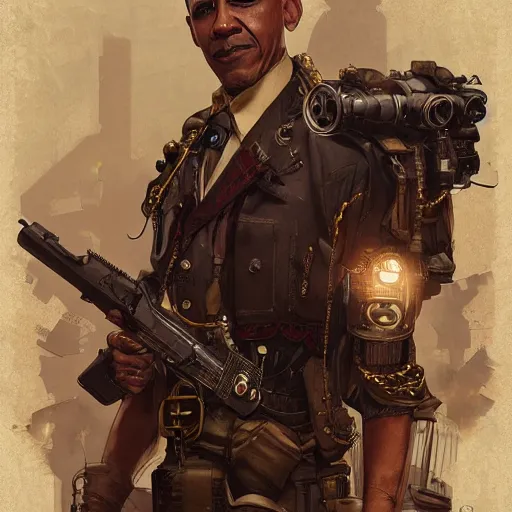 Prompt: Obama as a steampunk colonel, army, intricate, highly detailed, digital painting, artstation, concept art, sharp focus, illustration, art by greg rutkowski and alphonse mucha