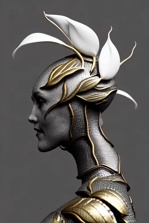 Prompt: monochrome close - up profile face, black background, beautiful young porcelain bio - mechanical vegetal - dragon - cyborg - female, white metallic armour, silver gold details, magnolia leaves and stems, roots, mandelbot fractal, 1 5 0 mm, beautiful natural soft rim light, elegant, hyper real, ultra detailed, octane render, 1 6 k