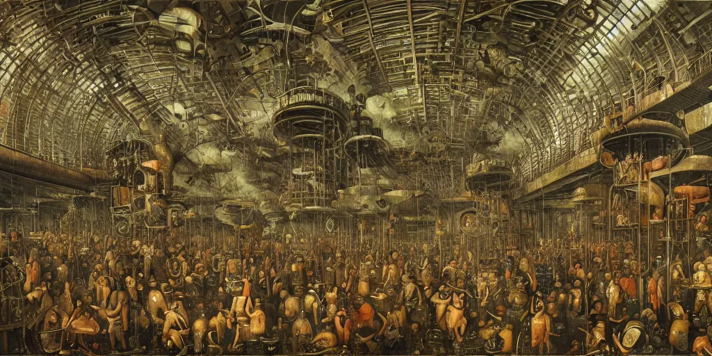 Prompt: interior of a nightmarish boiler room megastructure in the style of heironymus bosch, intricate masterpiece, hyper detailed, hd