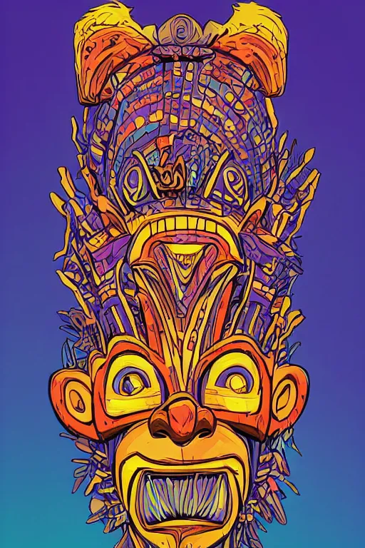 Image similar to totem animal mask tribal feather gemstone plant wood rock shaman vodoo video game vector cutout illustration vivid color borderlands comics by josan gonzales and dan mumford radiating a glowing aura