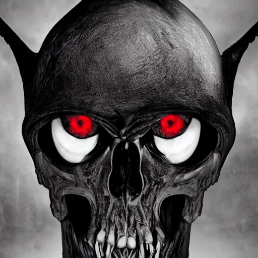 Image similar to a close up view of a demonic looking creature, large, black demonic hat, dark, symmetrical eyes, wide skull face, symmetrical eyes, dark hair, dark armor, dark