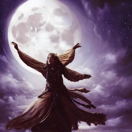 Prompt: a shaman dancing with light, highly detailed moon fills the background, by Raymond Swanland