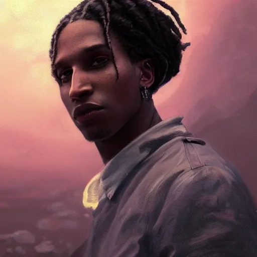 Image similar to closeup portrait of asap rocky, dramatic light, gorgeous view, depth, high detail, digital art, painted by greg rutkowski and seb mckinnon, by tim burton, trending on artstation