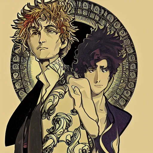 Image similar to concept art, silhouette of Spike Spiegel in front of Ganymede in the style of Alphonse Mucha and Hiroya Oku, very detailed, trending on artstation,