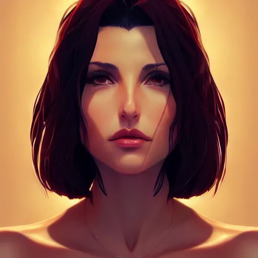 Image similar to a beautiful gina gershon alluring instagram model by wlop and ilya kuvshinov and artgerm, symmetrical eyes, aesthetic, gorgeous, stunning, alluring, attractive, artstation, deviantart, pinterest, digital art