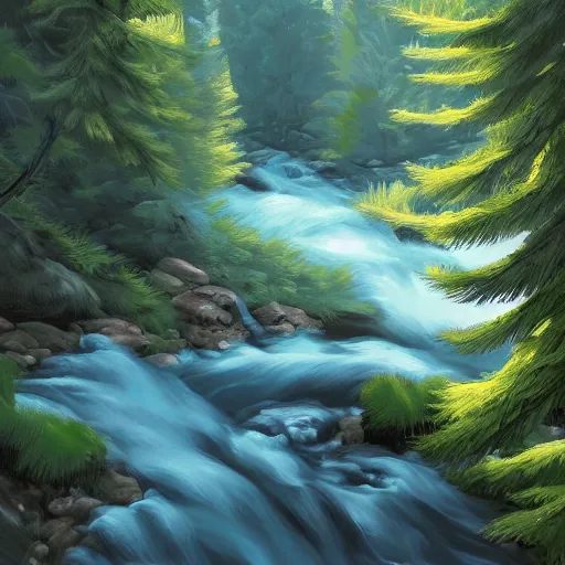 Prompt: mountain valley dotted with pine trees with a stream flowing through it, by joar jakobsson, detailed digital painting, concept art, brushstrokes, elegant, calming, serene, 8 k