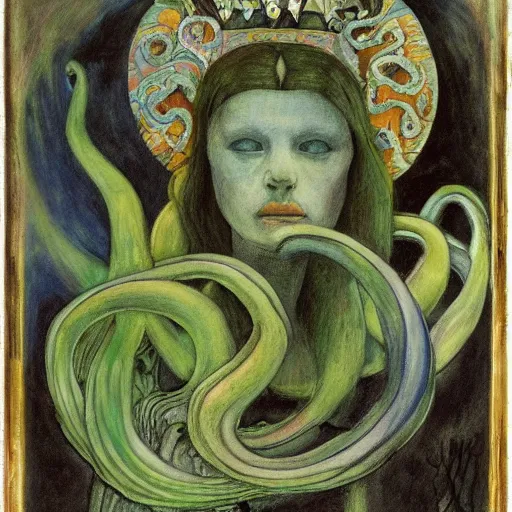 Prompt: the tentacle crown,by Annie Swynnerton and Diego Rivera, symbolist, dramatic lighting, elaborate geometric ornament, Art Brut, bioluminescent, soft blues and greens,smooth, sharp focus, extremely detailed, Adolf Wölfli