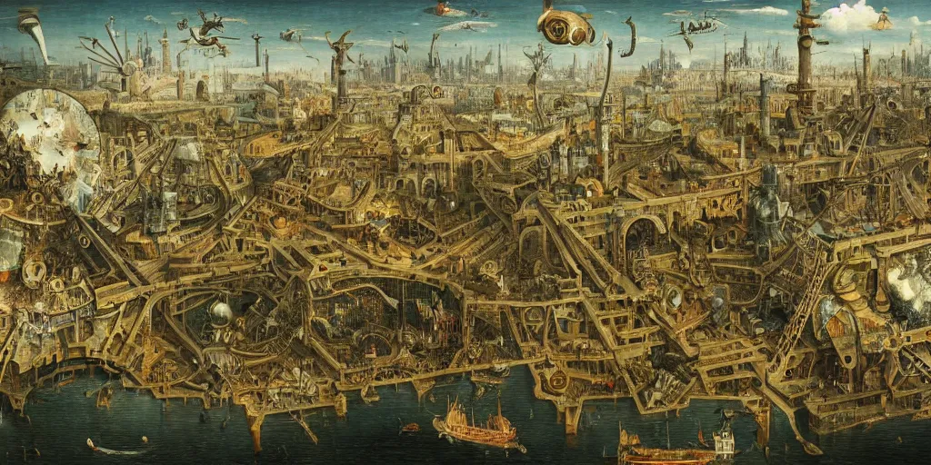 Prompt: industrial megastructure in the style of heironymus bosch, intricate masterpiece, hyper detailed, hd