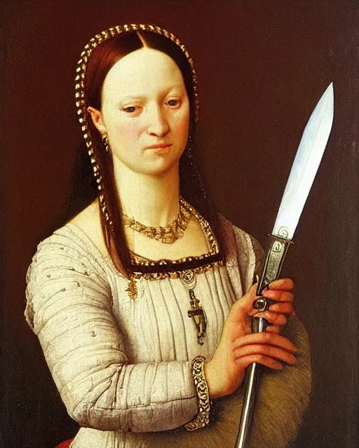 Image similar to “ a portrait of a tudor noblewoman holding a dagger by andrey shishkin, oil and tempera on oak ”