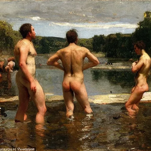 Prompt: oil painting by thomas eakins depicting a group of young men bathing at a swimming hole in rural england, 1 8 6 2