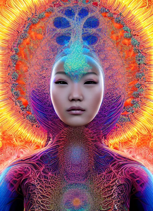Prompt: ridiculously beautiful young asian woman tripping, 3 d layers of coral and light fractals radiating behind with sacred geometry, cosmic, natural, awakening, symmetrical, in the style of ernst haeckel and alex grey, effervescent, warm, photo realistic, epic and cinematic