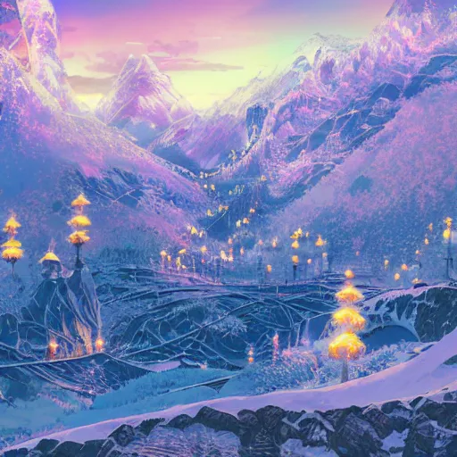 Image similar to the aesthetic view of the beautiful, grand, wistful, dreamy snowcapped mountain at dusk, hyperrealistic anime illustration by iralki nadar, colorful, extremely detailed, intricate linework, super sharp focus, bright colors, octopath traveler, studio ghibli, unreal engine 5 highly rendered, global illumination, radiant light, detailed and intricate environment