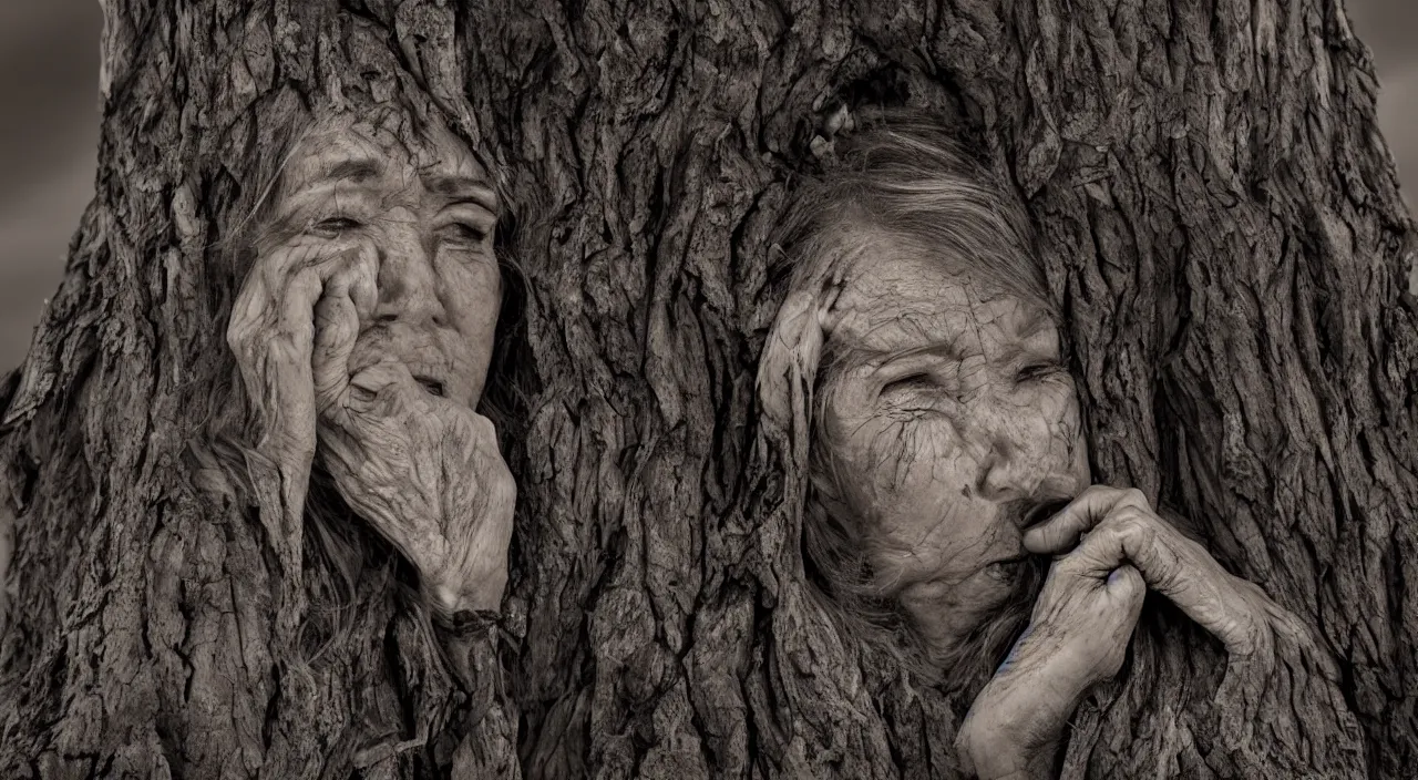 Image similar to 65-year-old tree-woman crying one single tear, facing the camera and sitting on a dried up river in a desolate land, blue sky, hot and sunny, highly-detailed, elegant, dramatic lighting, artstation, 4k, cinematic landscape, photograph