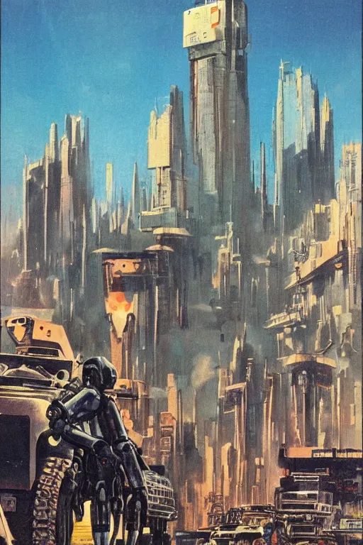 Prompt: a 1971 sci fi paperback cover illustrated by Vincent Di Fate showing robots in a post apocalyptic city