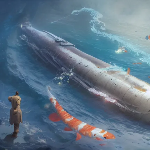 Image similar to subsurface scattering, white, giant submarine, koi colors, koi gone, octane render, jesper ejsing, justin gerard, james jean, tomasz alen kopera, cgsociety, fenghua zhong, makoto shinkai, highly detailed, rim light, art, cinematic lighting, very coherent, hyper realism, 8 k