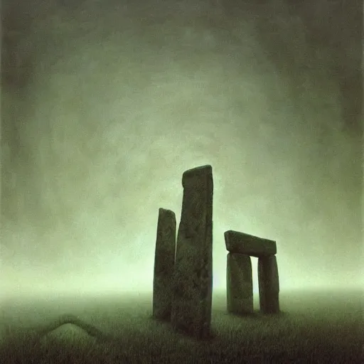 Prompt: arm reaching out of thick fog, levitating stonehenge in backgrounds, zdzislaw beksinski