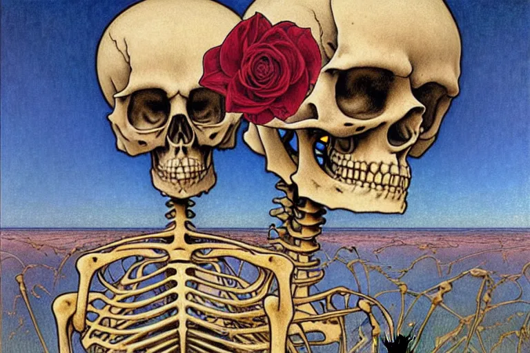 Image similar to realistic detailed portrait painting of a skeleton with a single rose in a dystopian desert by Jean Delville, Amano, Yves Tanguy, Alphonse Mucha, Ernst Haeckel, Edward Robert Hughes, Roger Dean, rich moody colours, blue eyes