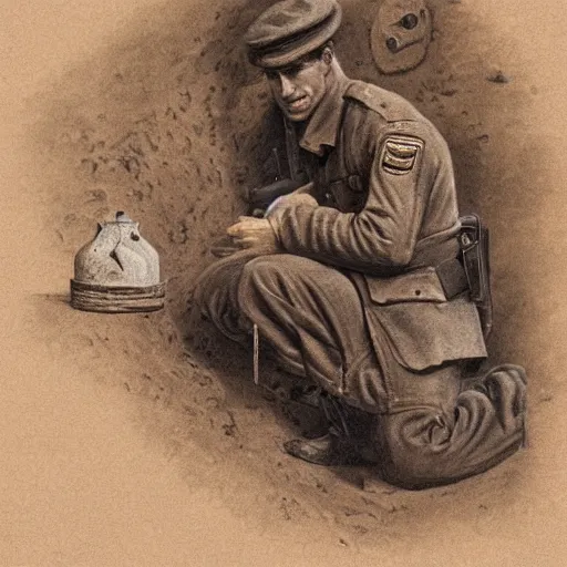 Image similar to a detailed photorealistic sepia - toned color portrait painting of a 1 9 1 7 worried clean - shaven british lieutenant in field gear in north arabia examining an ancient cylindrical clay jar, ultra realistic, intricate details, atmospheric, dark, horror, brooding, highly detailed, by clyde caldwell