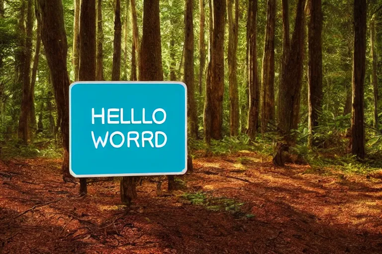 Image similar to Hello World sign in a forest by Beeple RHADS and Greg Rutkowski trending on artstation, unreal_engine, 4k, high quality. render di