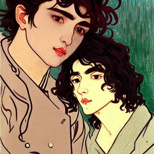 Image similar to painting of young cute handsome beautiful dark medium wavy hair man in his 2 0 s named shadow taehyung and cute handsome beautiful min - jun together at the halloween! party, bubbling cauldron!, candles!, smoke, autumn! colors, elegant, wearing suits!, clothes!, delicate facial features, art by alphonse mucha, vincent van gogh, egon schiele