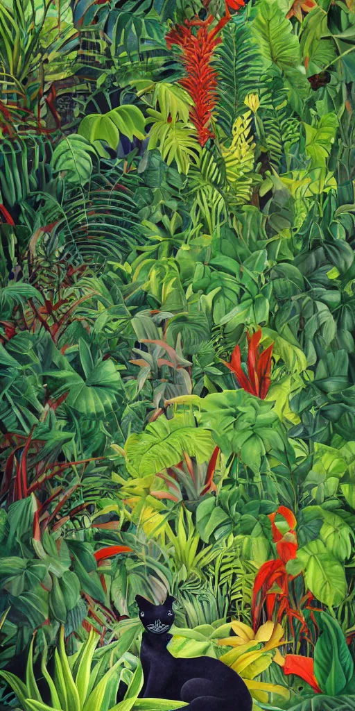 Prompt: deep in the jungle with exotic plant life, colorful tropical plants, natural botanical gardens, vines along the jungle floor, a panthers eyes staring at the camera, acrylic painting by henri rousseau and james jean, artstation, concept art, award winning,