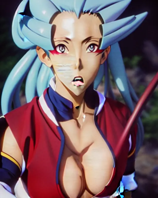 Image similar to photo of ryoko from tenchi muyo, film still, dslr, by greg rutkowski, enoch bolles, ross tran, artgerm, wlop glossy skin, pearlescent, very coherent, cute