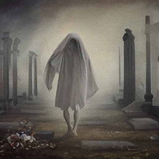 Image similar to ominous bedsheet ghost walking through the center of an old cemetery, oil painting, brush strokes, gloomy misty atmosphere, symmetrical, full body image, highly ornate intricate details, very sharp photo,