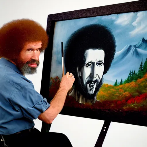 Image similar to a closeup photorealistic photograph of bob ross working on a canvas painting of marilyn manson. happy trees, mountain scape. film still. brightly lit scene. this 4 k hd image is trending on artstation, featured on behance, well - rendered, extra crisp, features intricate detail, epic composition and the style of unreal engine.