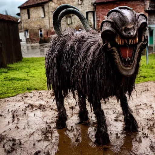 Image similar to horror, moody, still from film, daytime, muddy village square, wide shot, huge, roaring mutant goat monster, powerful, stumpy legs have human hands instead of hoofs, filthy jagged teeth in gaping mouth, matted dirty fur, in muddy medieval village square