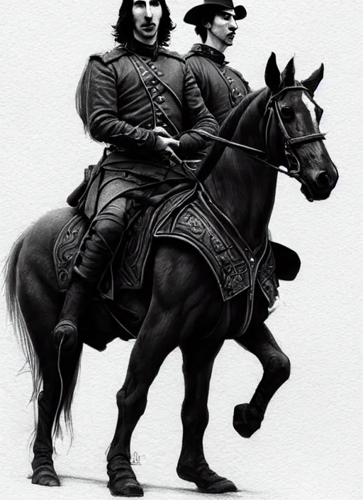 Image similar to painting of john oliver and adam driver together, riding horse, stoic, full body, military uniform, fantasy, intricate, elegant, beautiful, highly detailed, charcoal, centered, dark, smokey, digital painting, artstation, concept art, smooth, sharp focus, illustration, art by artgerm, art by greg rutkowski, art by alphonse mucha