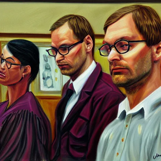 Prompt: a court judging jeffrey dahmer, oil painting, ultradetailed, digital painting, ultradetailed