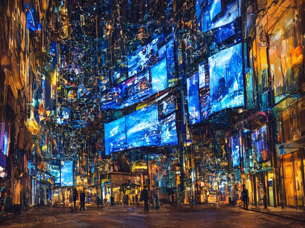 Image similar to streets with curved translucent screens projecting detailed sci - fi art ( 2 0 4 2 ), pixel perfect photograph, high contrast, volumetric lighting, thin glowing lights, chair, users, pair of keys