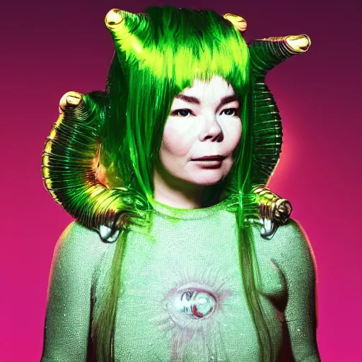 Prompt: bjork as an alien visitor to a new world, delivering musical artistry never before heard or seen