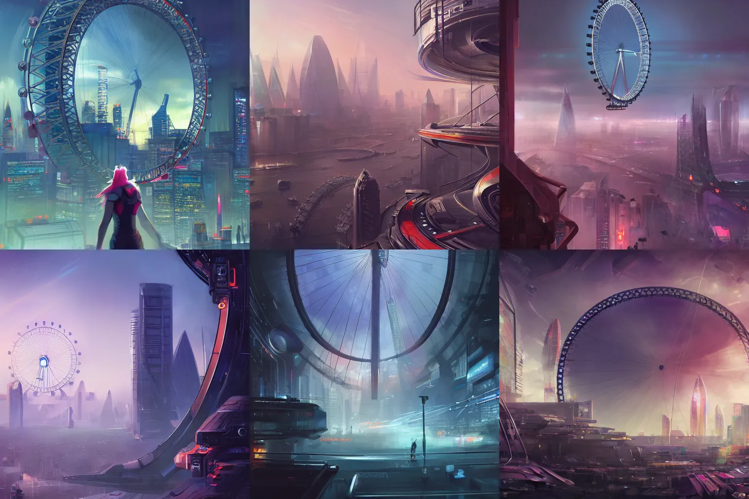 Prompt: London Eye, futuristic cyberpunk scenario, concept art by Noah Bradley, Darek Zabrocki, Tyler edlin, Jordan Grimmer, Neil Blevins, James Paick, Natasha Tan, highly detailed, ultra detailed, ultra realistic, trending on artstation, cgstudio