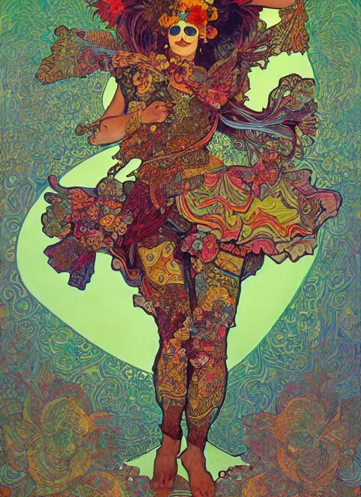 Image similar to realistic detailed psychedelic poster art of a cute fractal Día de los Muertos girl dancing by Victor Moscoso Rick Griffin Alphonse Mucha Ayami Kojima Amano Charlie Bowater, masterpiece