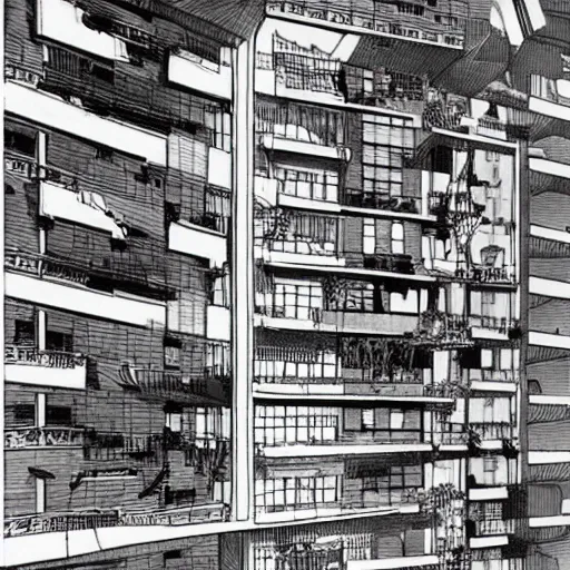 Image similar to a complex of apartments, by katsuhiro otomo, realistic, highly detailed