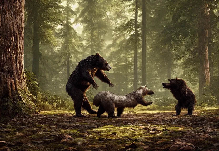Prompt: a bear fights a dire wolf in a forest glade, digital art, greg rutkowski, junju ito, unreal engine, octane render, cinematic lighting, highly detailed