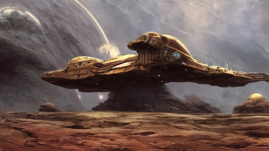 Image similar to small organic dropship lander by john schoenherr and jim burns, epic cinematic matte painting