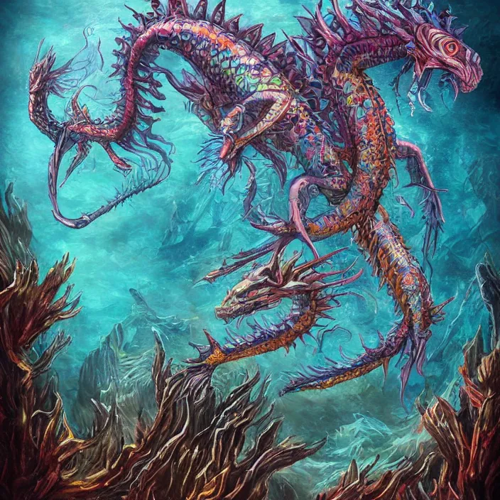 Image similar to underwater sea dragon full body, d & d style, trending on artstation, intricate, highly detailed, vivid painting, colorful, art by alexandr leskinen