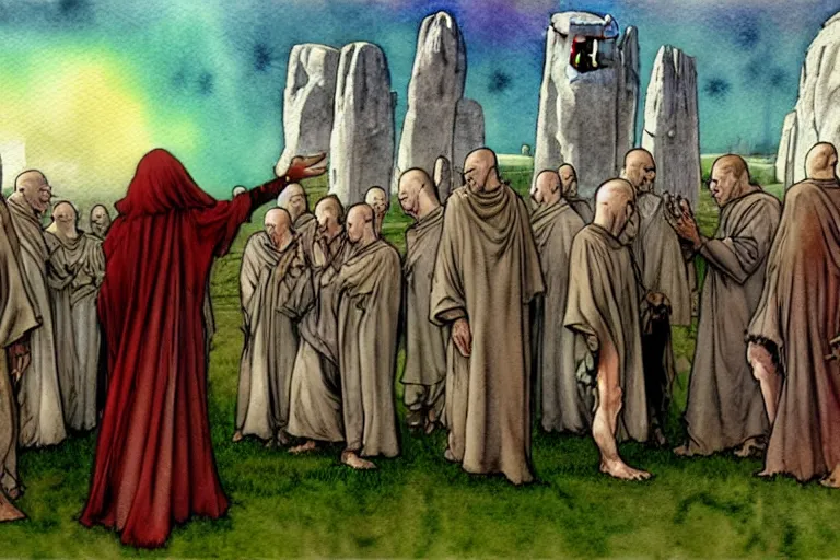 Prompt: a realistic and atmospheric watercolour fantasy character concept art portrait of a dirty chibi alien greeting a group of medieval monks in grey robes in stonehenge. a ufo is in the sky. by rebecca guay, michael kaluta, charles vess and jean moebius giraud