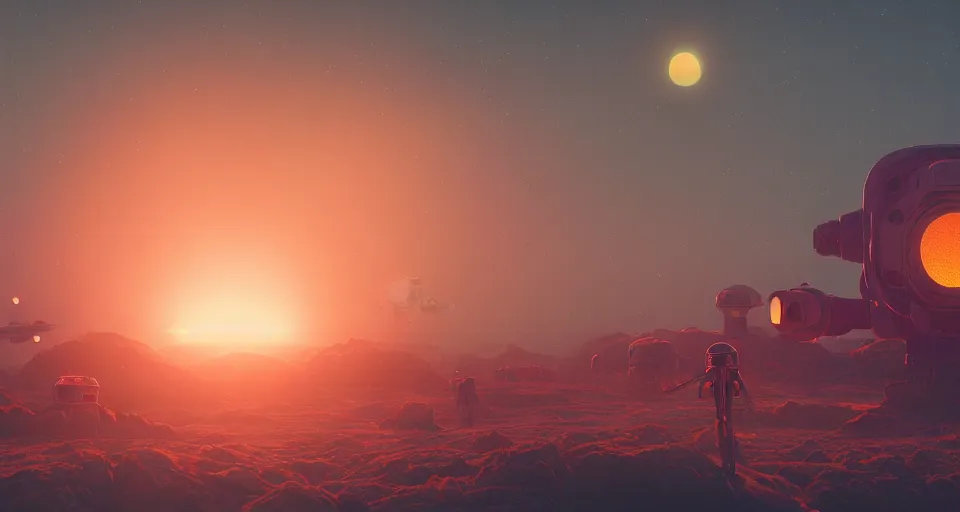 Image similar to Double Sunset on a mechanical planet, large twin sunset, cinematic, rendered by simon stålenhag, rendered by Beeple, Makoto Shinkai, syd meade, star wars, inspired by Gundam, environment concept, digital art, unreal engine, 3 point perspective, WLOP, trending on artstation, low level, 4K UHD image, octane render,